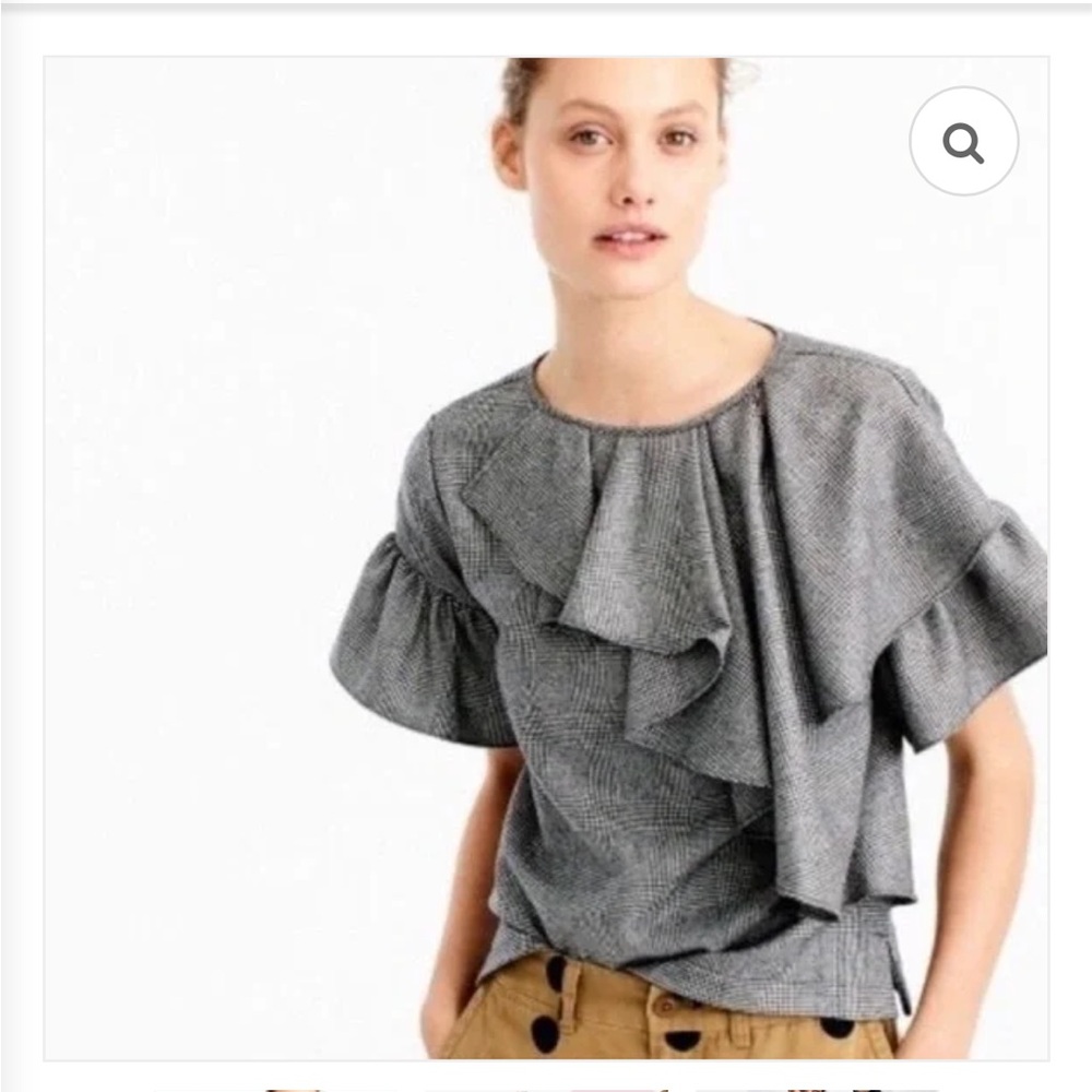 J Crew Grey plaid wool blouse with ruffle detail